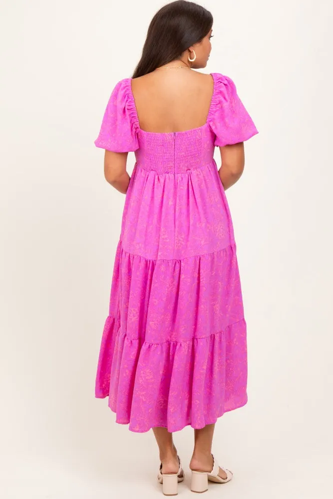 Pink Printed Puff Sleeve Tiered Maternity Midi Dress sold by Pinkblush product image thumbnail 4