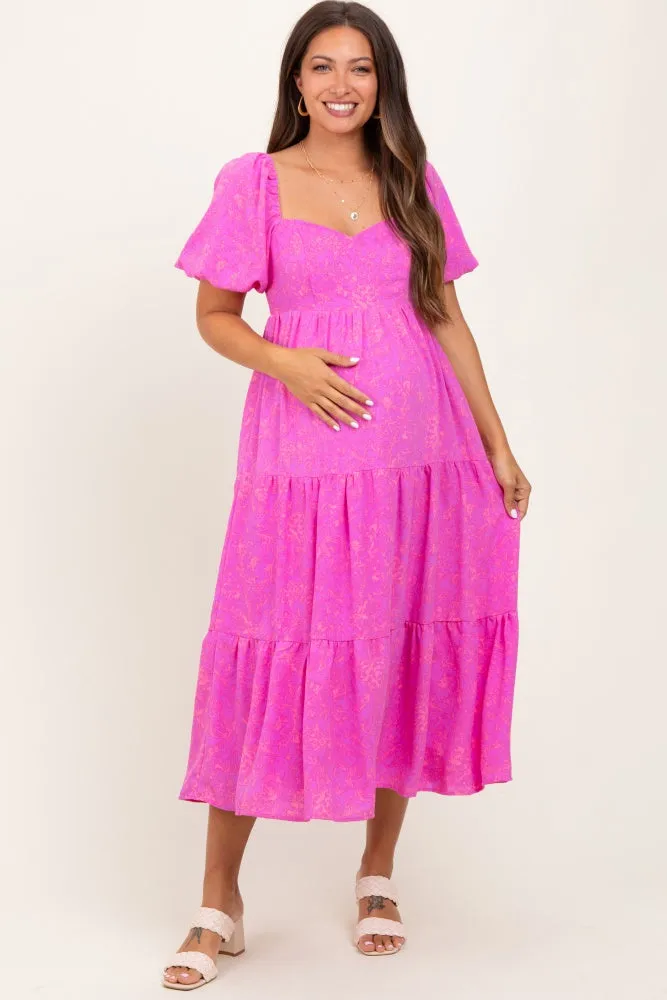 Pink Printed Puff Sleeve Tiered Maternity Midi Dress sold by Pinkblush