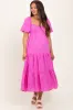Pink Printed Puff Sleeve Tiered Maternity Midi Dress sold by Pinkblush
