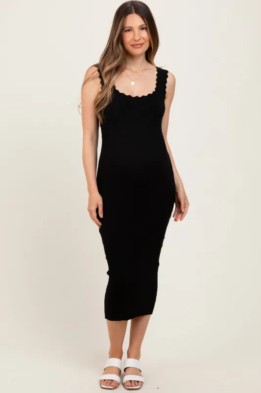 Black Scallop Trim Ribbed Knit Sleeveless Maternity Midi Dress sold by Pinkblush
