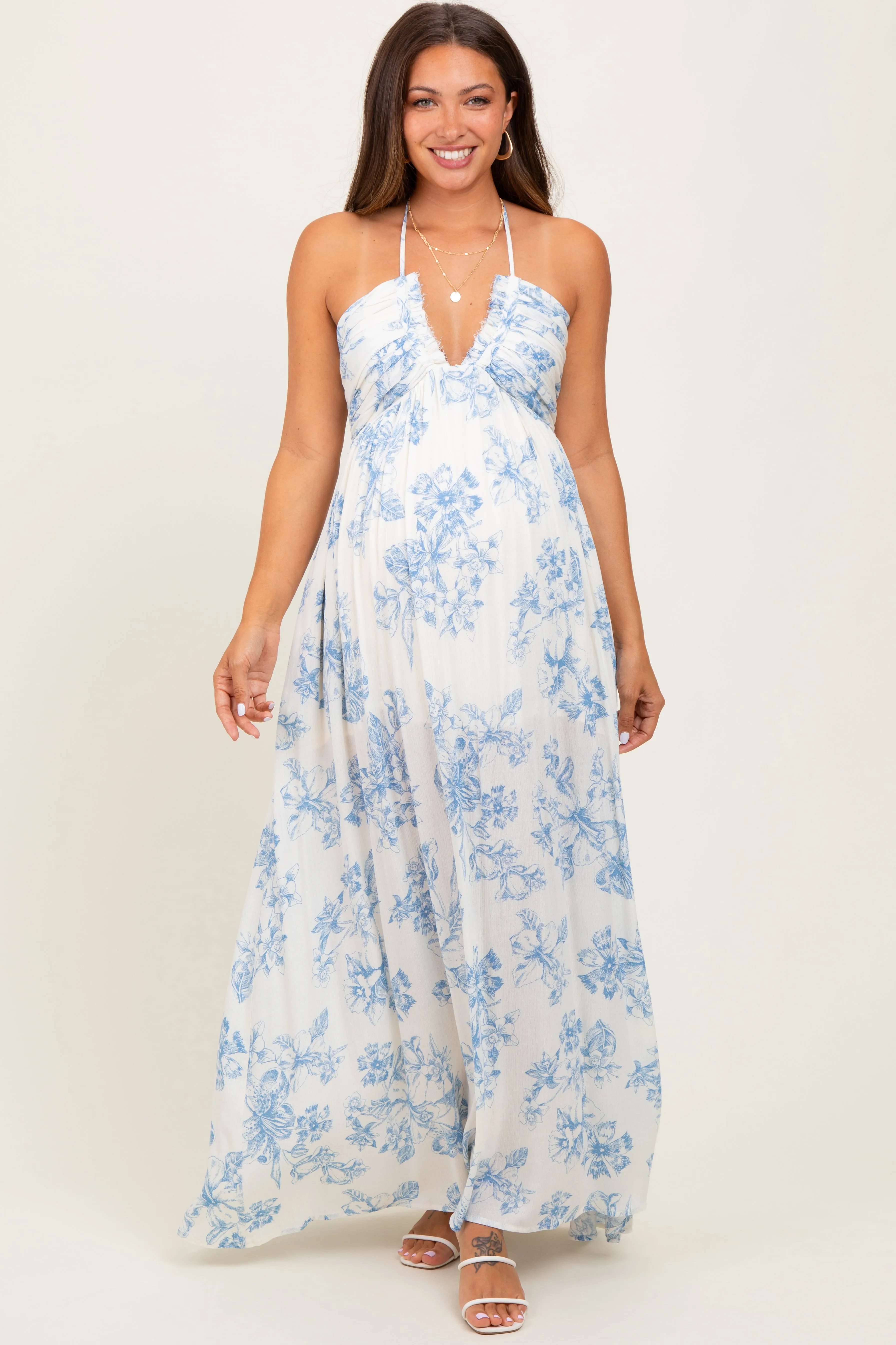 Light Blue Floral Tie-Back Halter Maternity Maxi Dress sold by Pinkblush