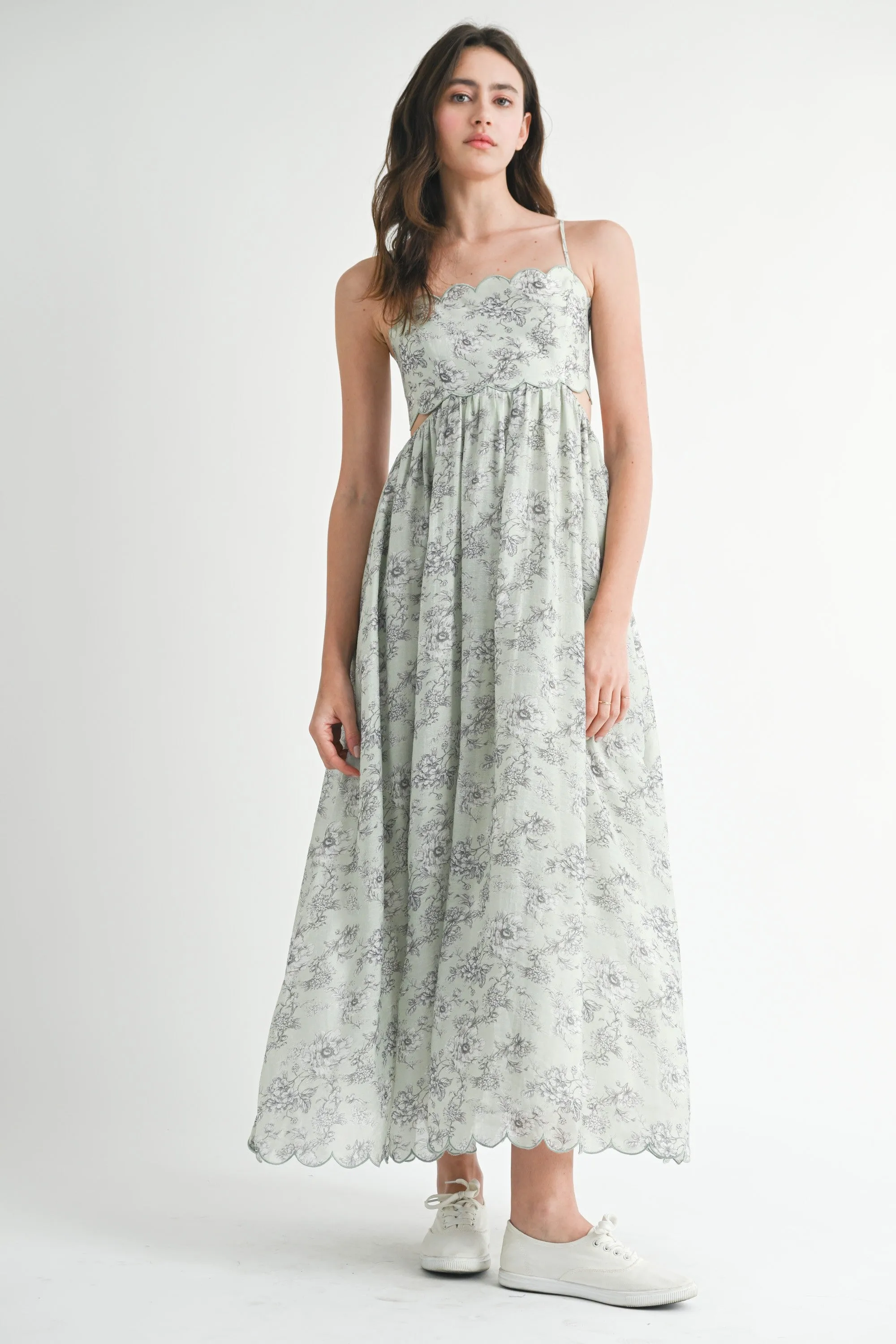 Light Sage Floral Scallop Edge Back Cutout Maxi Dress sold by Pinkblush product image thumbnail 2