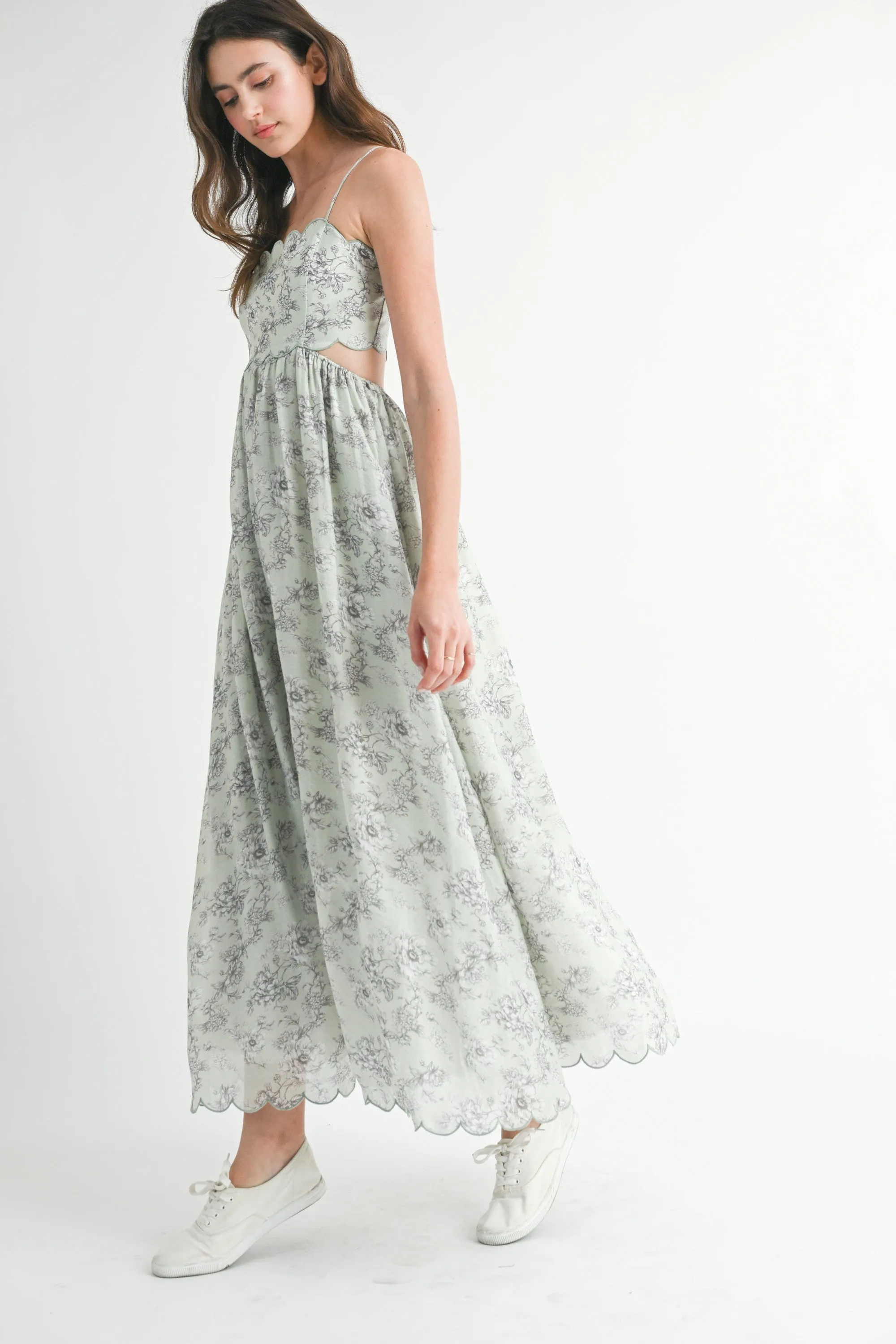Light Sage Floral Scallop Edge Back Cutout Maxi Dress sold by Pinkblush