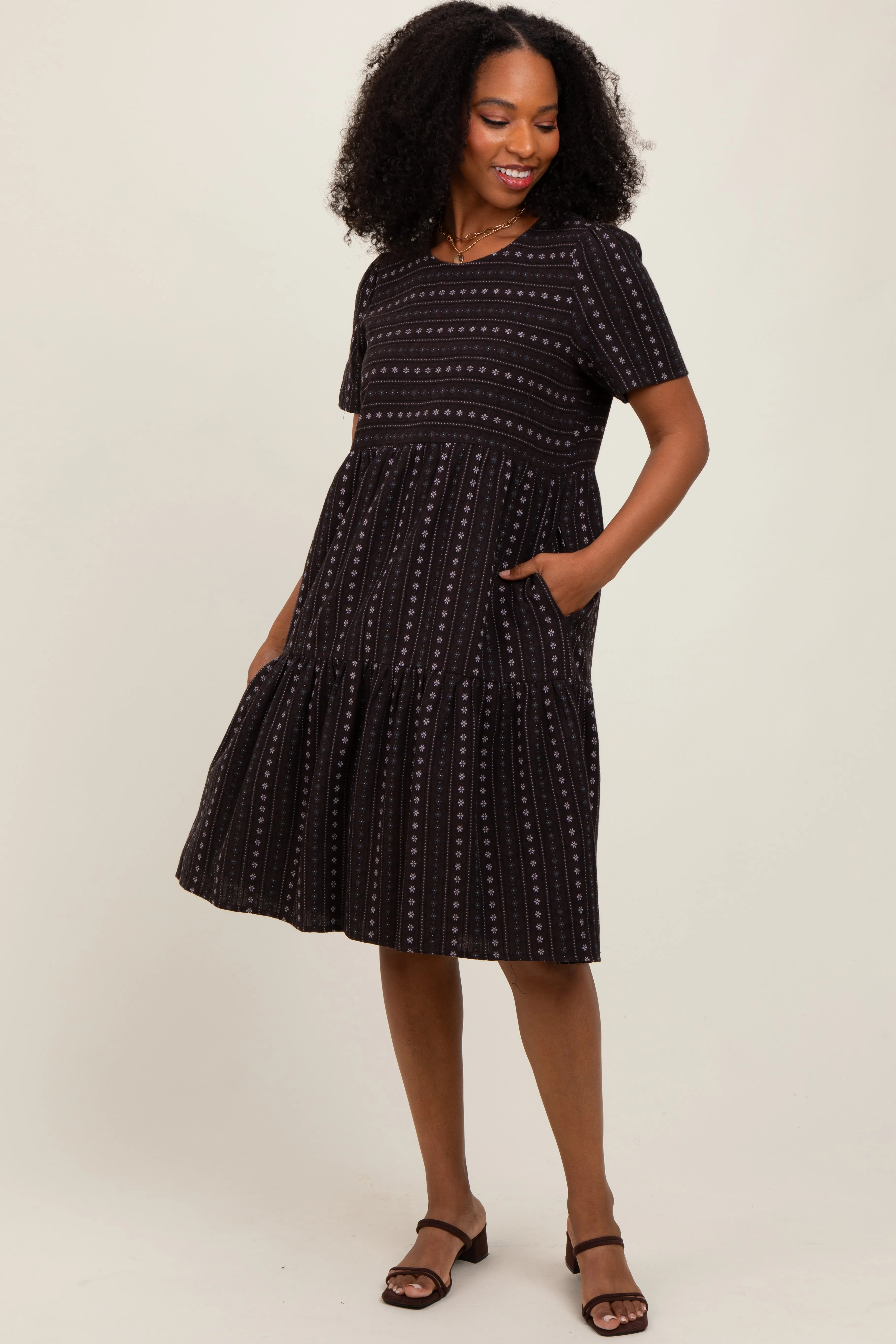 Black Floral Striped Tiered Short Sleeve Dress sold by Pinkblush product image thumbnail 2