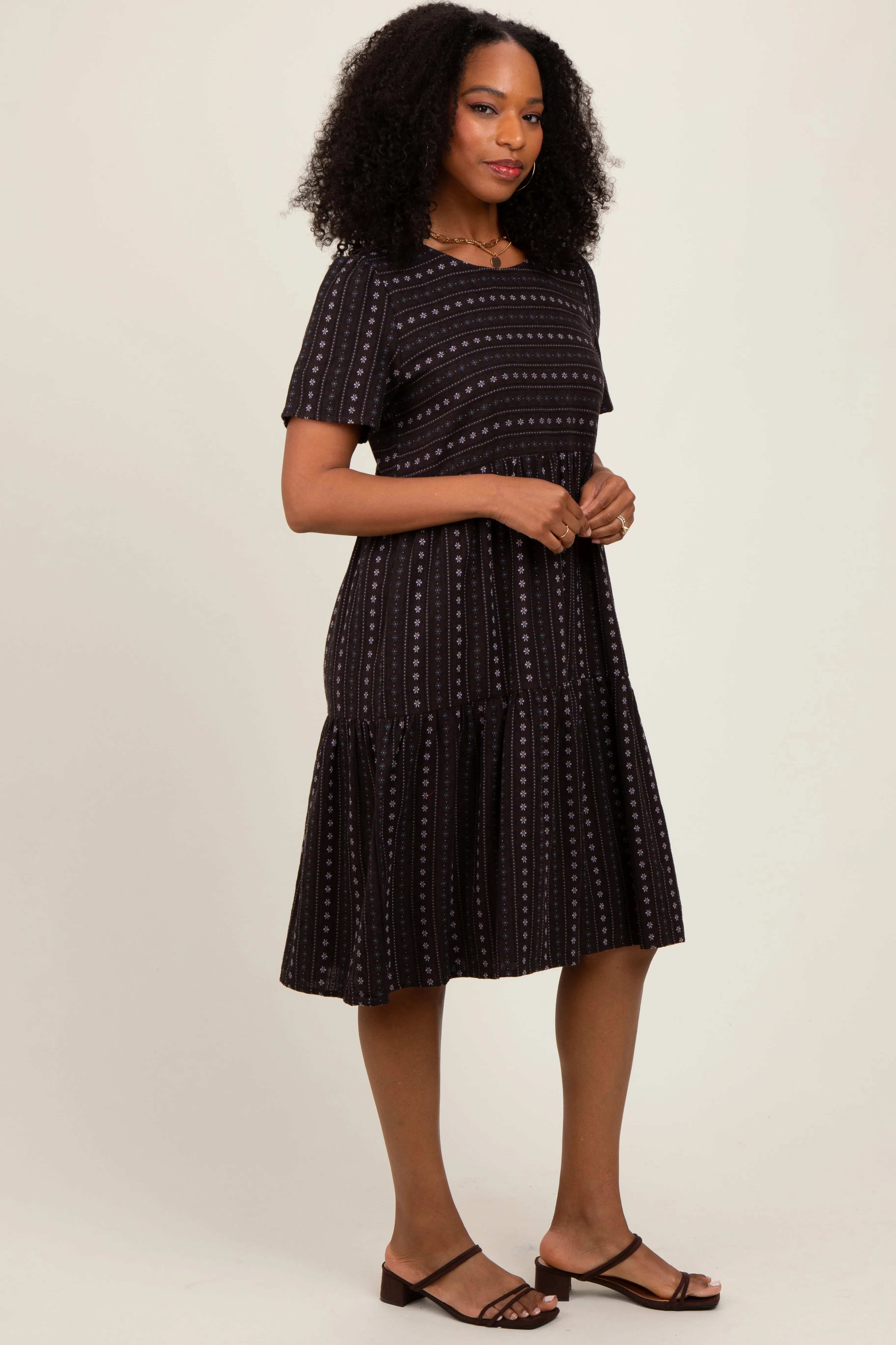 Black Floral Striped Tiered Short Sleeve Dress sold by Pinkblush product image thumbnail 3