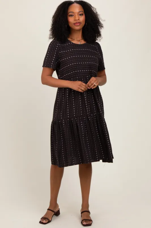 Black Floral Striped Tiered Short Sleeve Dress sold by Pinkblush