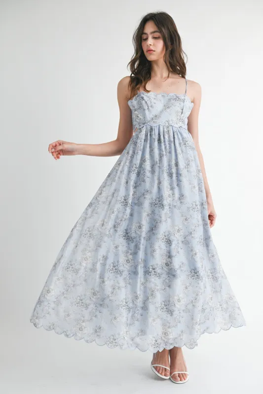 Blue Floral Scallop Edge Back Cutout Maxi Dress sold by Pinkblush