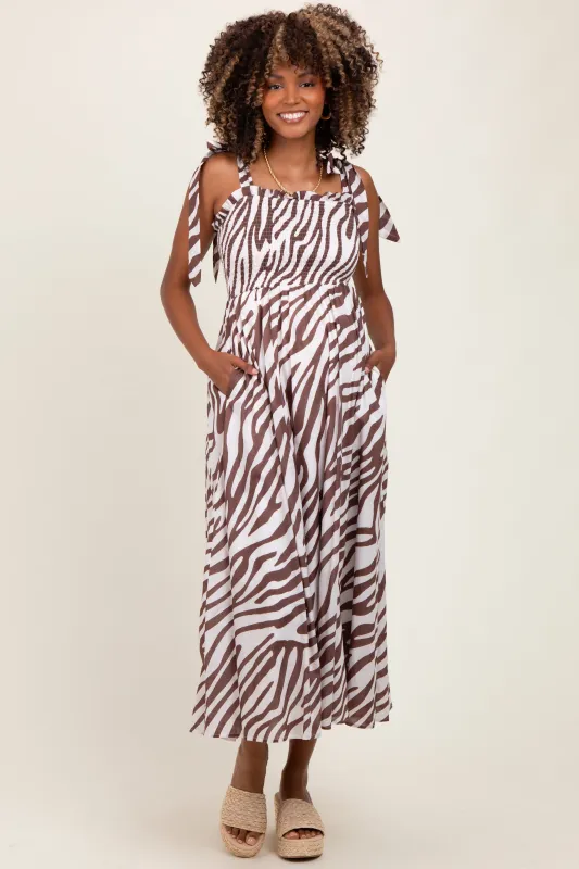 Brown Animal Print Smocked Shoulder Tie Maternity Midi Dress sold by Pinkblush