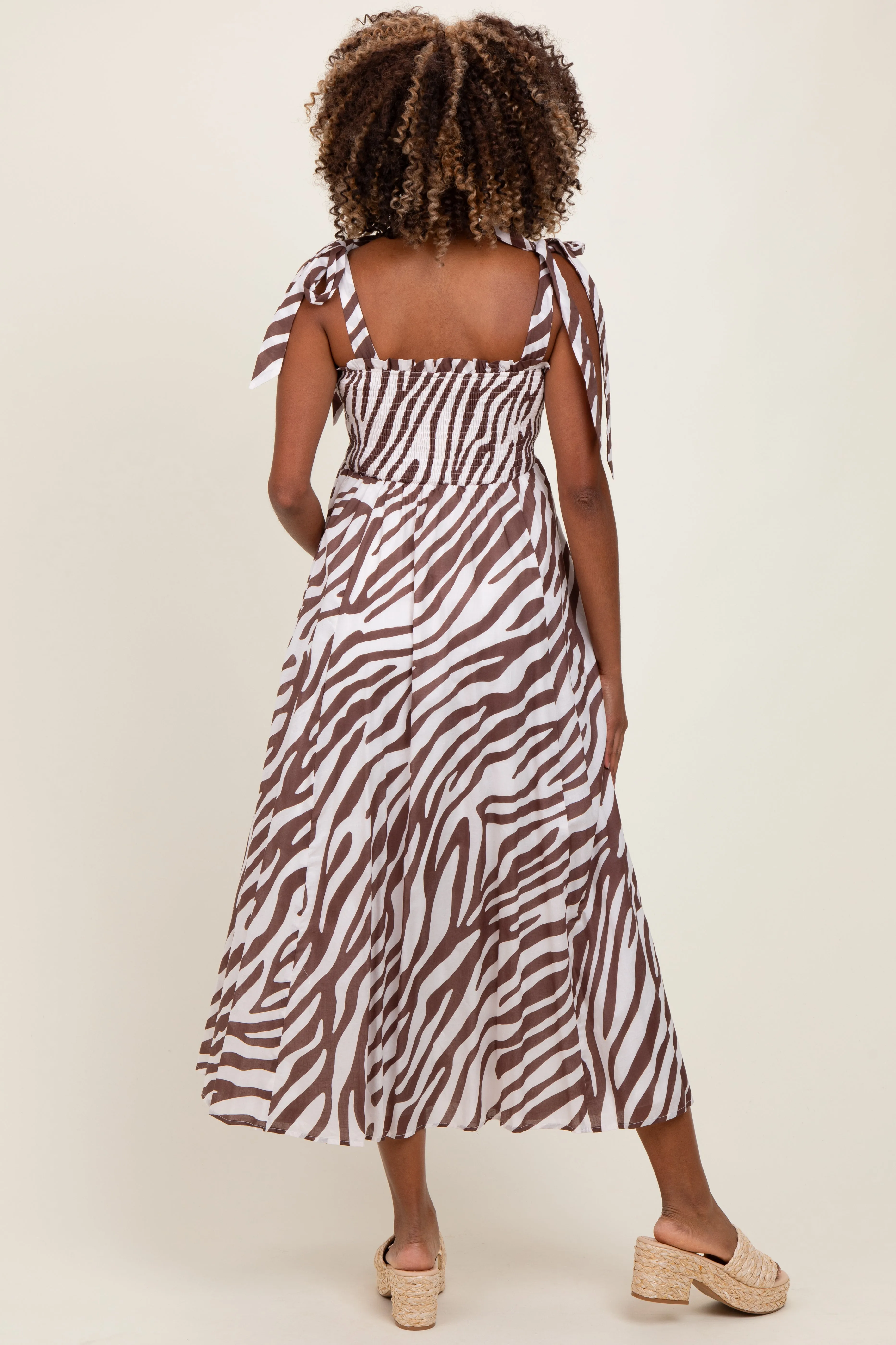 Brown Animal Print Smocked Shoulder Tie Maternity Midi Dress sold by Pinkblush product image thumbnail 2