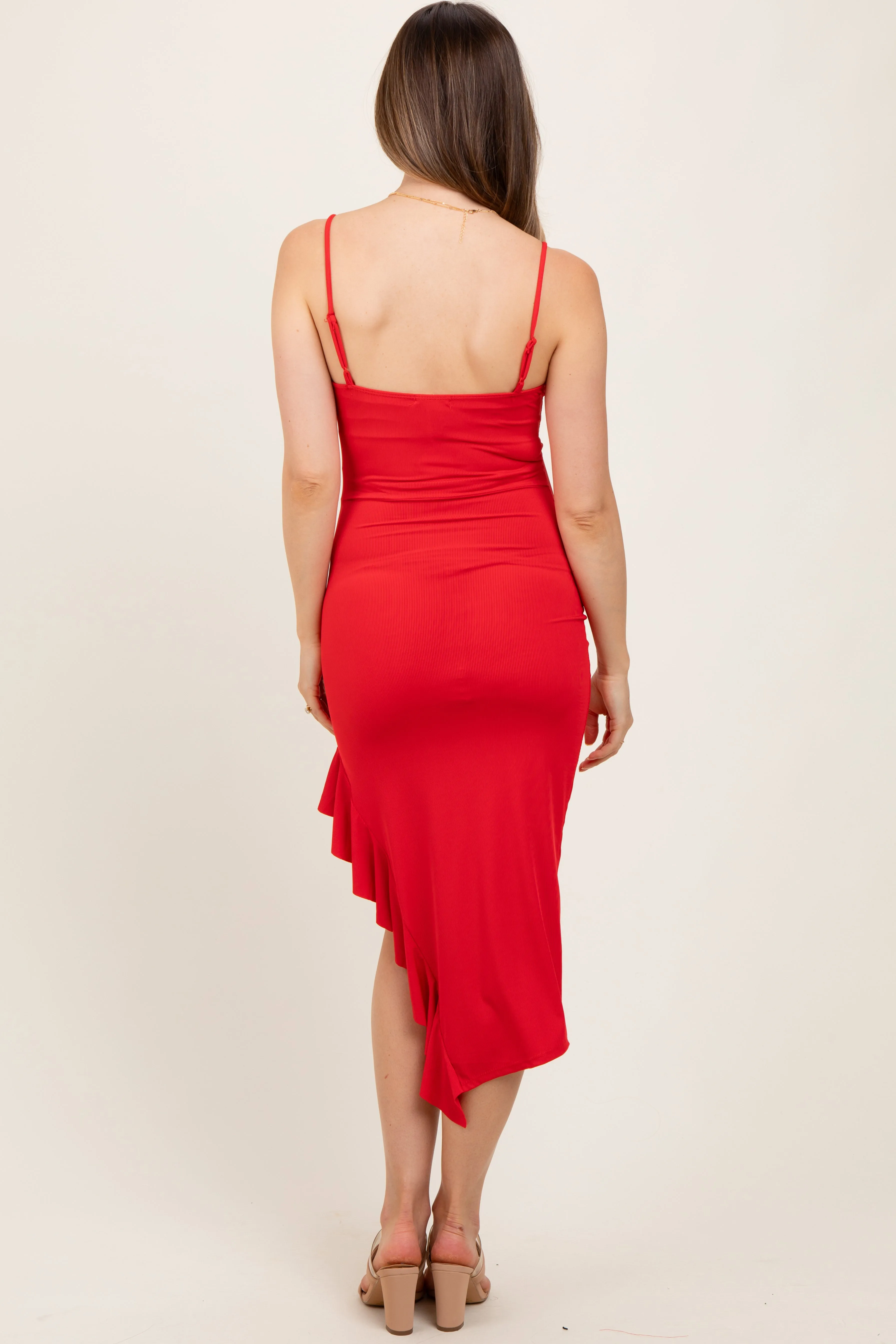 Red Ruched Ruffle Detail Sleeveless Maternity Midi Dress sold by Pinkblush product image thumbnail 3