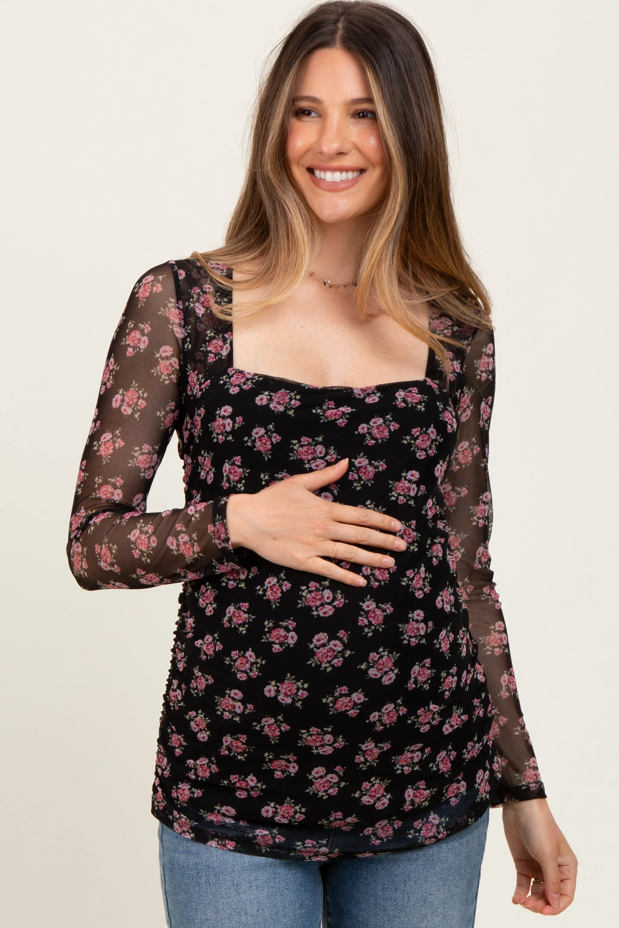 Black Square Neck Sheer Sleeve Maternity Floral Top sold by Pinkblush product image thumbnail 3