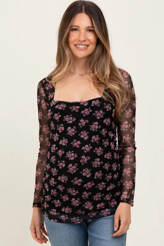 Black Square Neck Sheer Sleeve Maternity Floral Top sold by Pinkblush