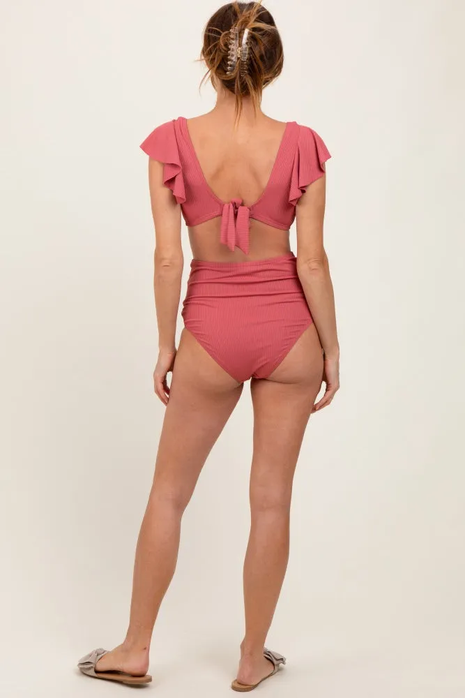Pink Ribbed Ruffle Shoulder Front Tie High Waist Two-Piece Swimsuit sold by Pinkblush product image thumbnail 4