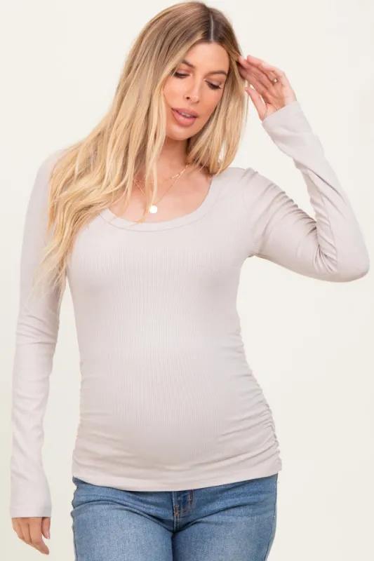 Taupe Ribbed Ruched Maternity Long Sleeve Top sold by Pinkblush