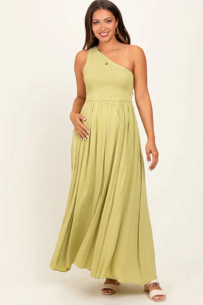 Green Smocked One Shoulder Maternity Maxi Dress sold by Pinkblush