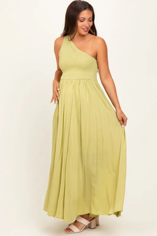 Green Smocked One Shoulder Maternity Maxi Dress sold by Pinkblush product image thumbnail 2