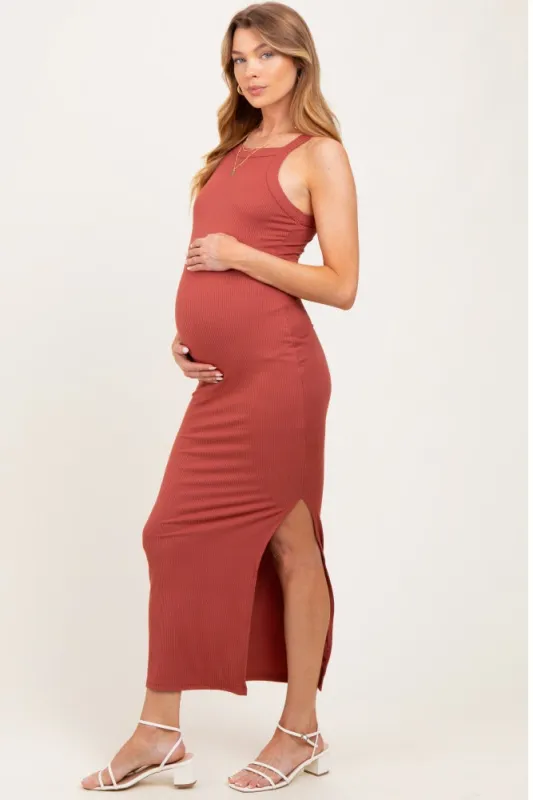 Rust Ribbed Fitted Side Slit Maternity Midi Dress sold by Pinkblush