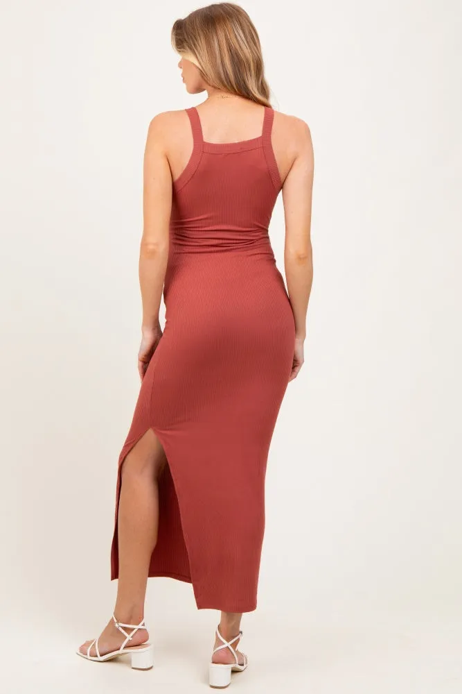 Rust Ribbed Fitted Side Slit Maternity Midi Dress sold by Pinkblush product image thumbnail 3