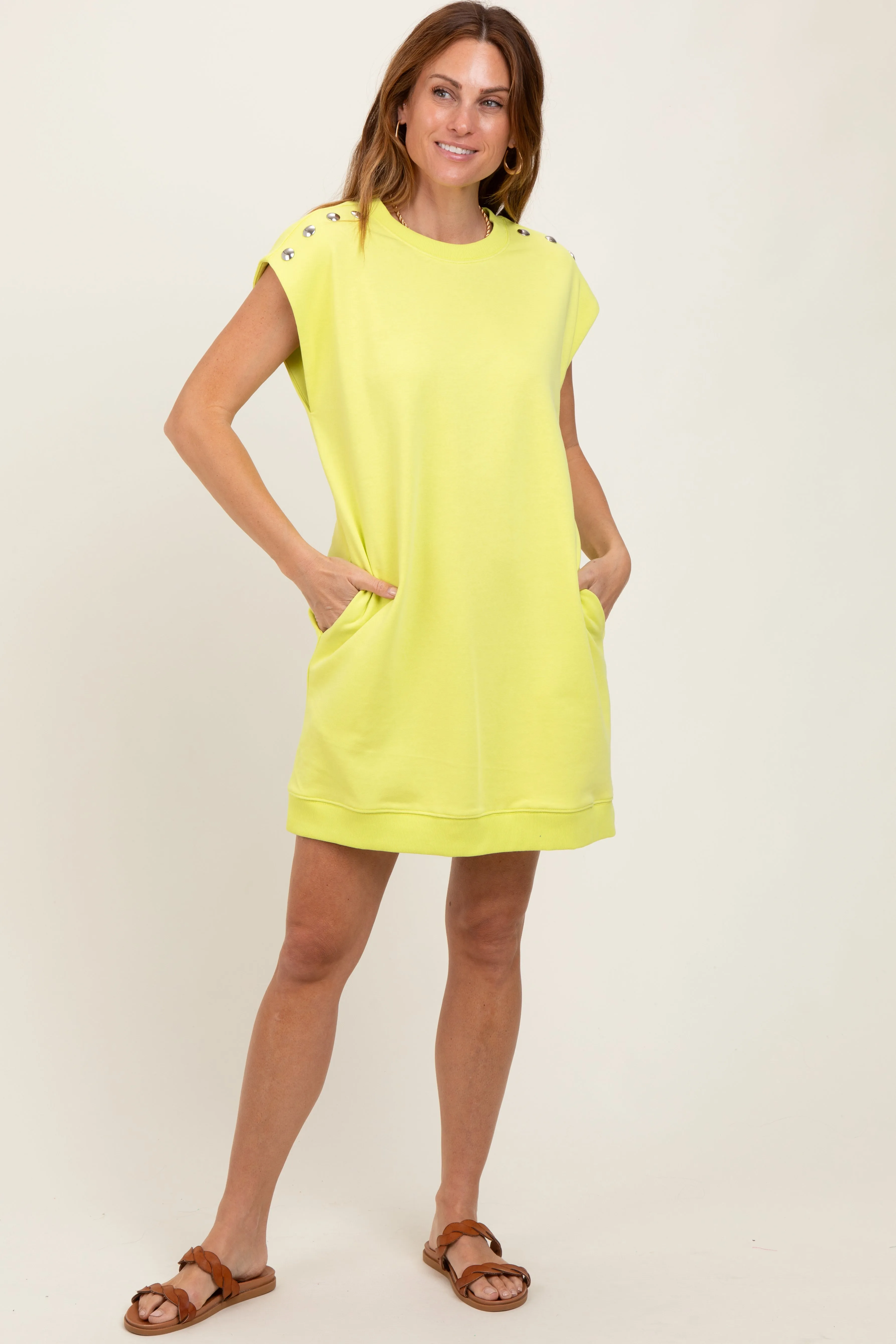 Neon Yellow Studded Shoulder Mini Dress sold by Pinkblush