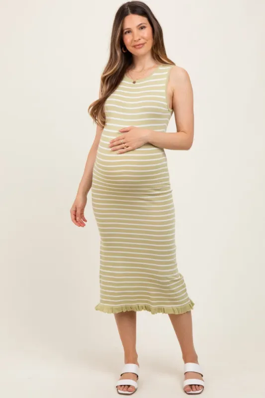Light Olive Striped Knit Sleeveless Ruffle Hem Maternity Midi Dress sold by Pinkblush