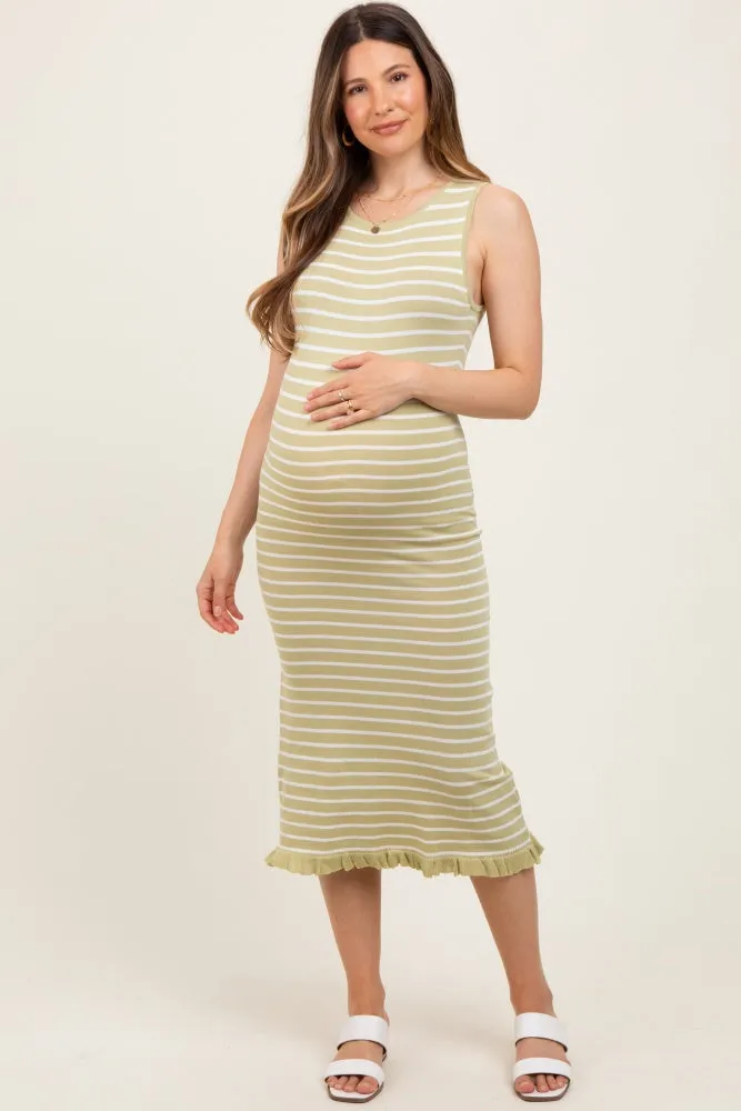 Light Olive Striped Knit Sleeveless Ruffle Hem Maternity Midi Dress sold by Pinkblush