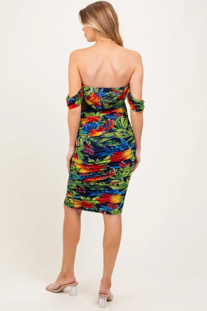 Black Tropical Mesh Ruched Off Shoulder Maternity Dress sold by Pinkblush product image thumbnail 3