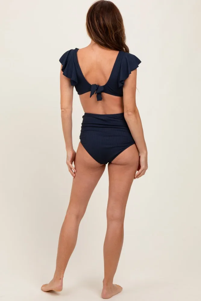 Navy Ribbed Ruffle Shoulder Front Tie High Waist Two-Piece Swimsuit sold by Pinkblush product image thumbnail 3