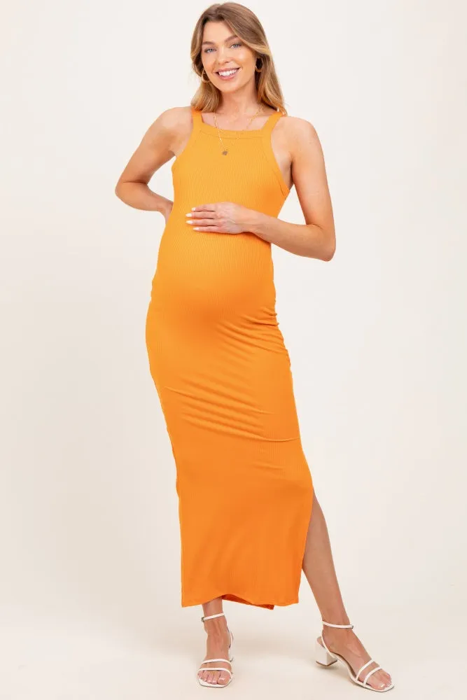 Orange Ribbed Fitted Side Slit Maternity Midi Dress sold by Pinkblush