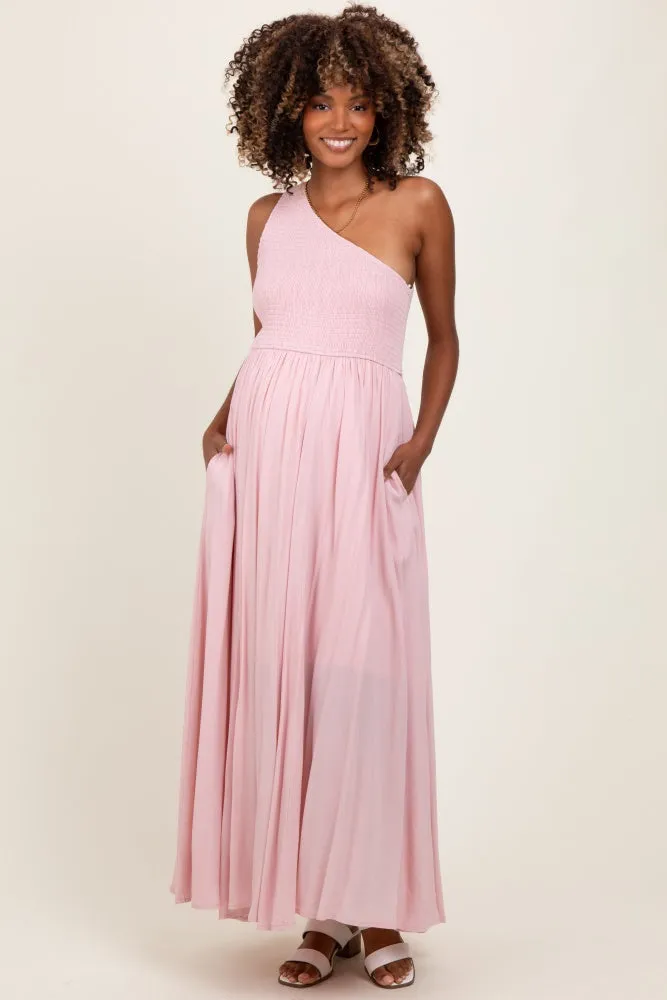 Light Pink Smocked One Shoulder Maternity Maxi Dress sold by Pinkblush product image thumbnail 2