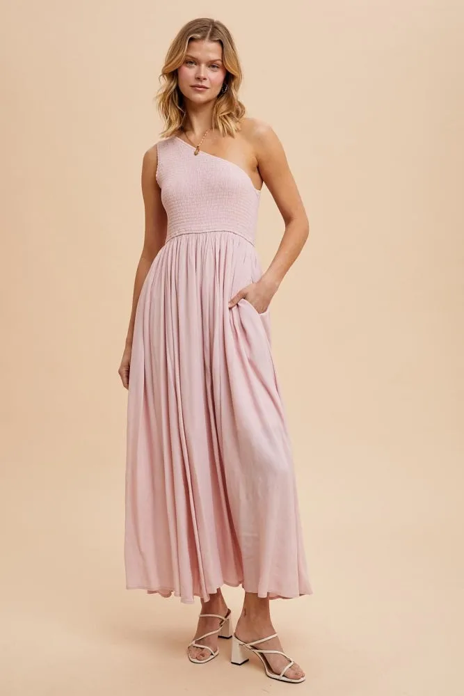 Light Pink Smocked One Shoulder Maternity Maxi Dress sold by Pinkblush product image thumbnail 4