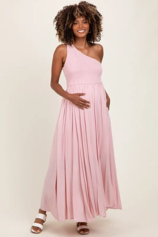 Light Pink Smocked One Shoulder Maternity Maxi Dress sold by Pinkblush