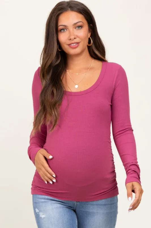 Magenta Ribbed Ruched Maternity Long Sleeve Top sold by Pinkblush