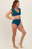 Teal Ribbed Ruffle Shoulder Front Tie High Waist Two-Piece Swimsuit sold by Pinkblush