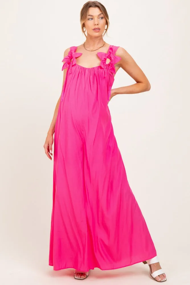 Pink Wide-Leg Sleeveless Bow Tie Straps Maternity Jumpsuit sold by Pinkblush