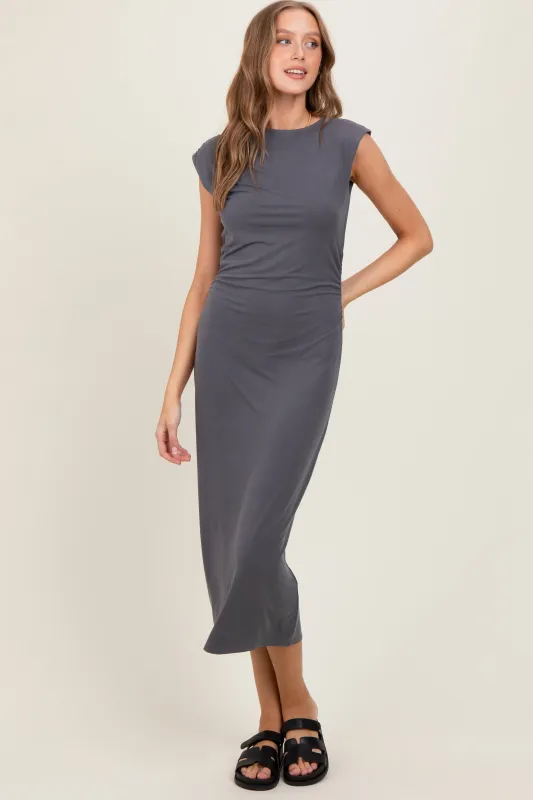 Charcoal Sleeveless Side Ruched Midi Dress sold by Pinkblush