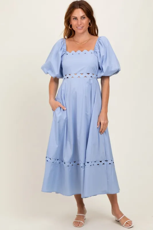 Blue Wavy Trim Puff Sleeve Midi Dress sold by Pinkblush