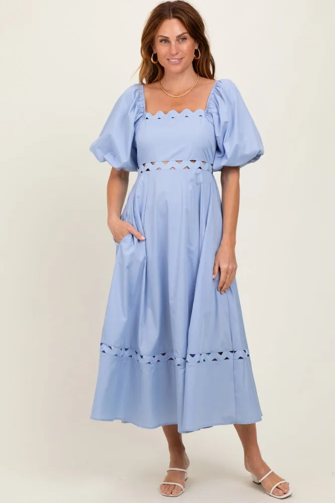 Blue Wavy Trim Puff Sleeve Midi Dress sold by Pinkblush