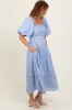 Blue Wavy Trim Puff Sleeve Midi Dress sold by Pinkblush