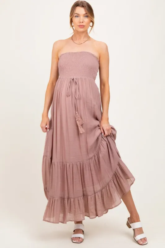 Mauve Smocked Strapless Front Tie Maternity Maxi Dress made by Bluivy