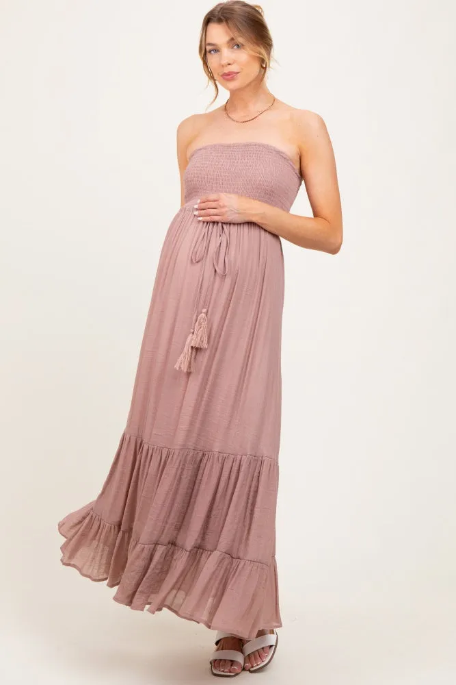 Mauve Smocked Strapless Front Tie Maternity Maxi Dress sold by Pinkblush product image thumbnail 2