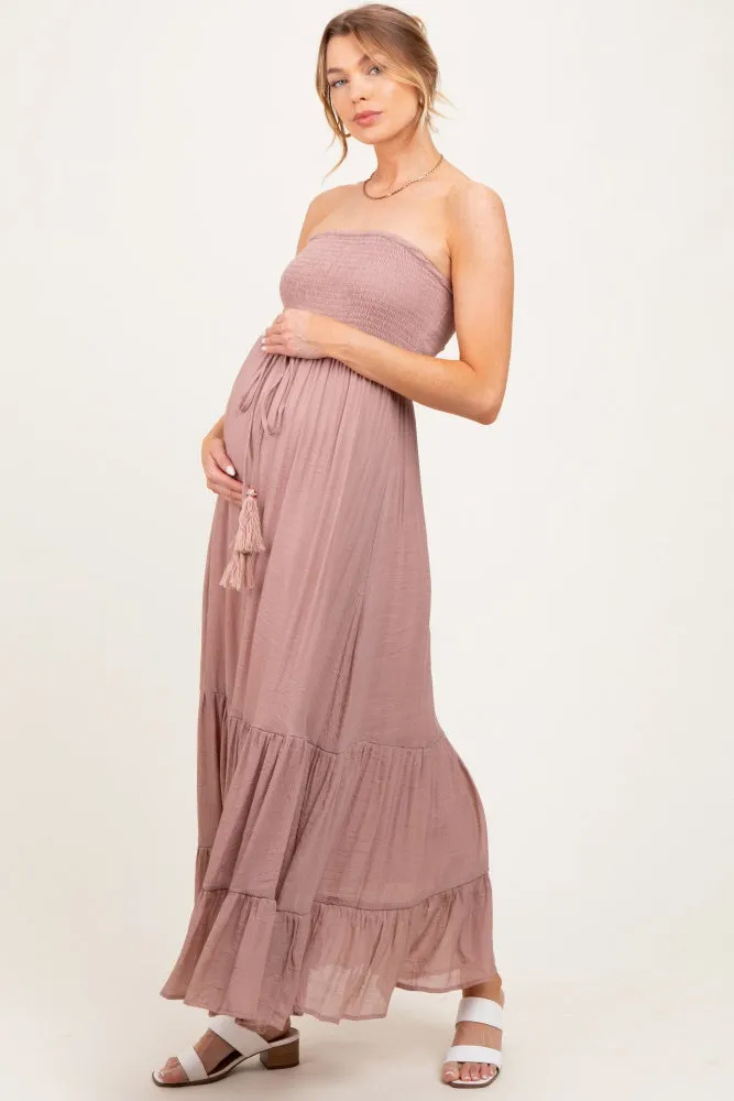 Mauve Smocked Strapless Front Tie Maternity Maxi Dress sold by Pinkblush product image thumbnail 3