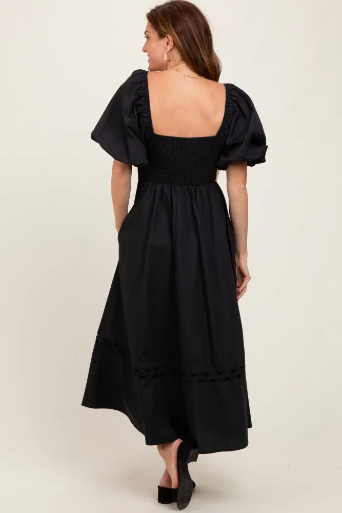 Black Wavy Trim Puff Sleeve Midi Dress sold by Pinkblush product image thumbnail 4