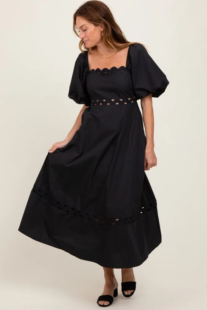 Black Wavy Trim Puff Sleeve Midi Dress sold by Pinkblush product image thumbnail 2