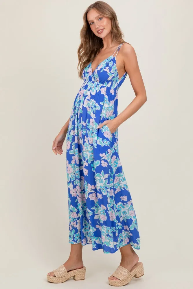 Blue Floral V-Neck Double Strap Maxi Dress sold by Pinkblush product image thumbnail 3
