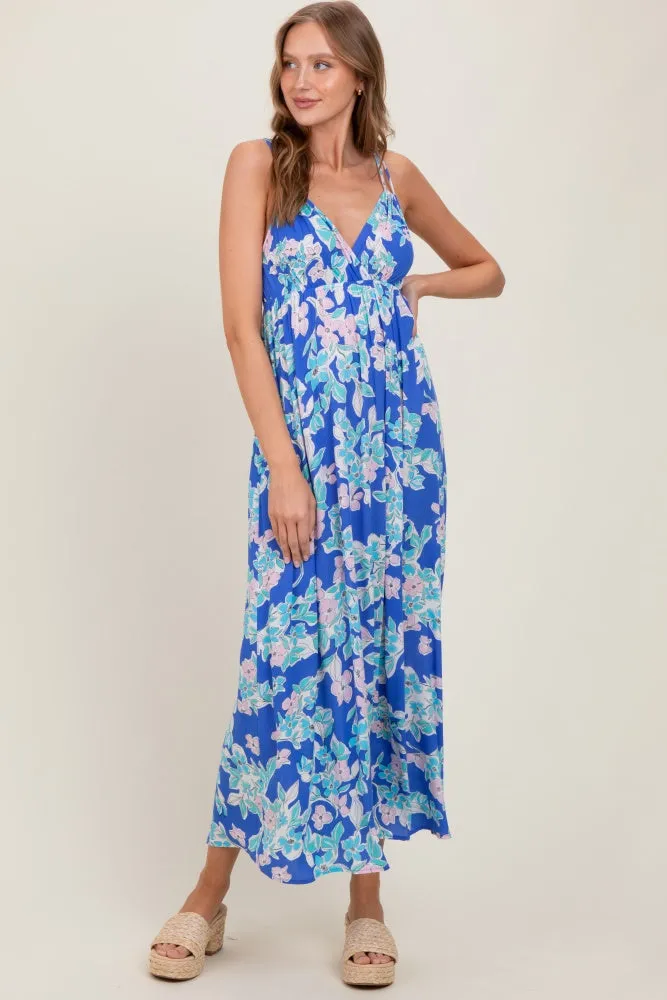 Blue Floral V-Neck Double Strap Maxi Dress sold by Pinkblush