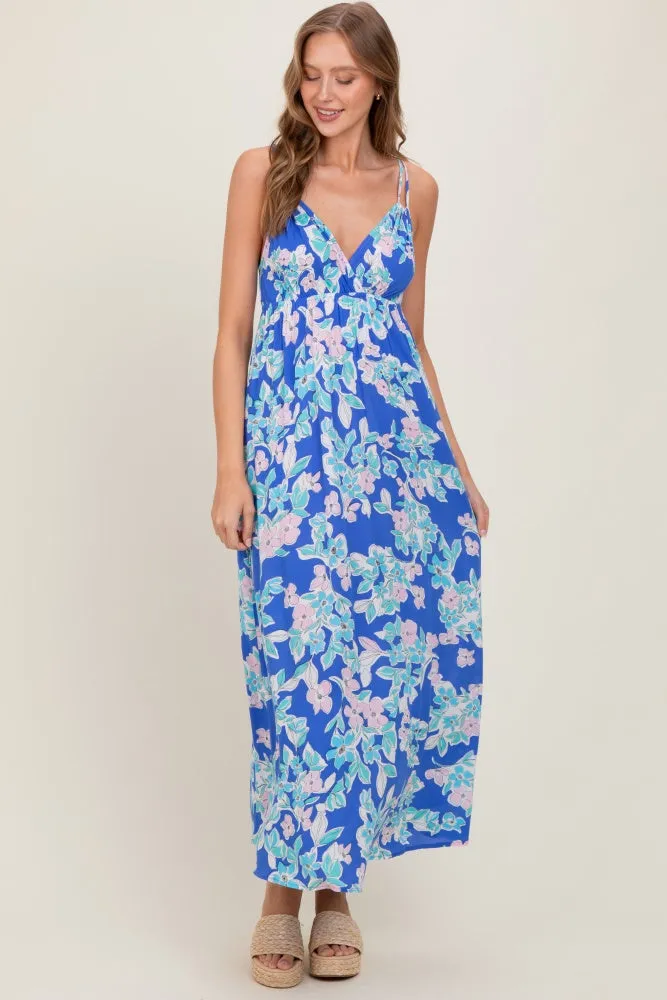 Blue Floral V-Neck Double Strap Maxi Dress sold by Pinkblush product image thumbnail 2