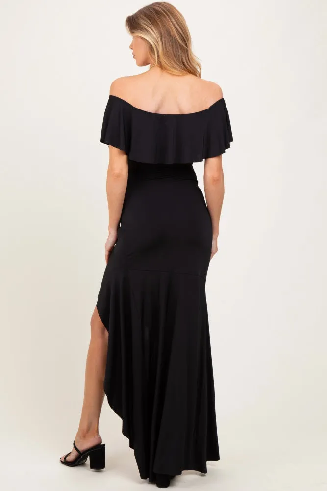 Black Off Shoulder Ruffle Hi-Low Maternity Maxi Dress sold by Pinkblush product image thumbnail 3