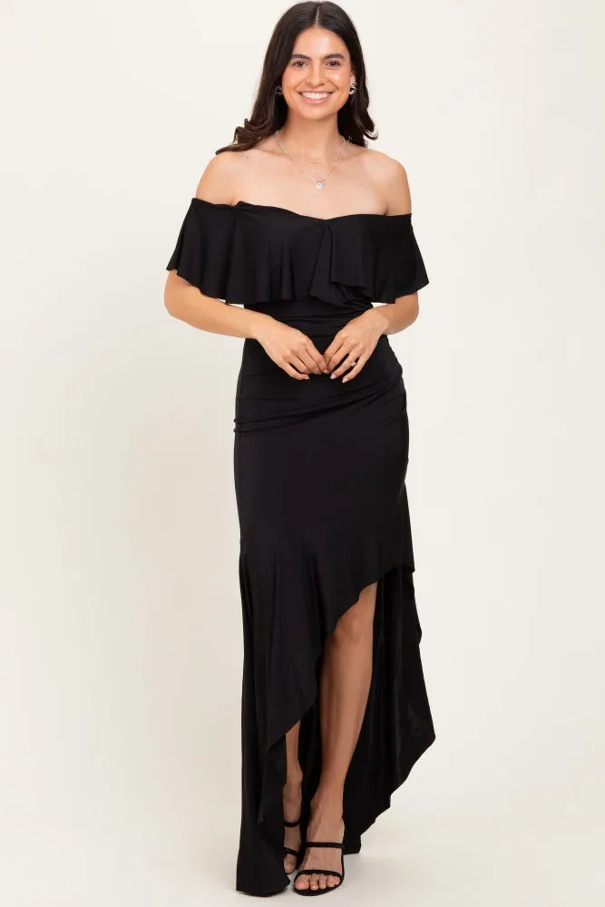 Black Off Shoulder Ruffle Hi-Low Maternity Maxi Dress sold by Pinkblush product image thumbnail 4