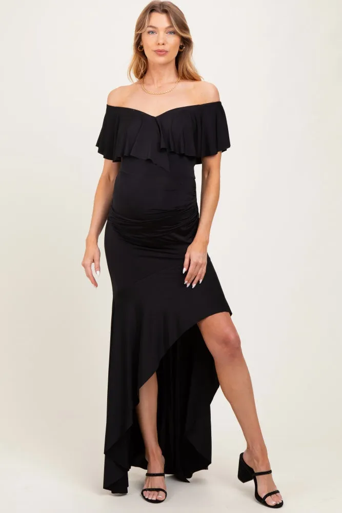 Black Off Shoulder Ruffle Hi-Low Maternity Maxi Dress sold by Pinkblush