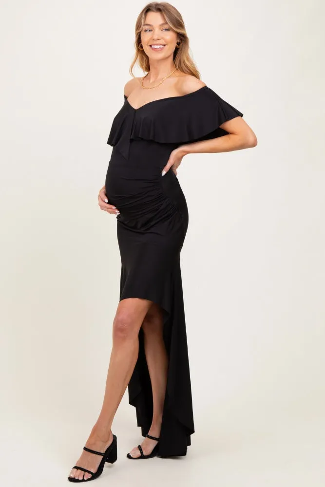Black Off Shoulder Ruffle Hi-Low Maternity Maxi Dress sold by Pinkblush product image thumbnail 2